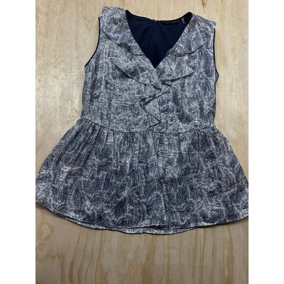 Kobi Halperin Women’s Silk Metallic Top Sz S Lined Ruffle Paisley Silver Navy - Picture 1 of 7